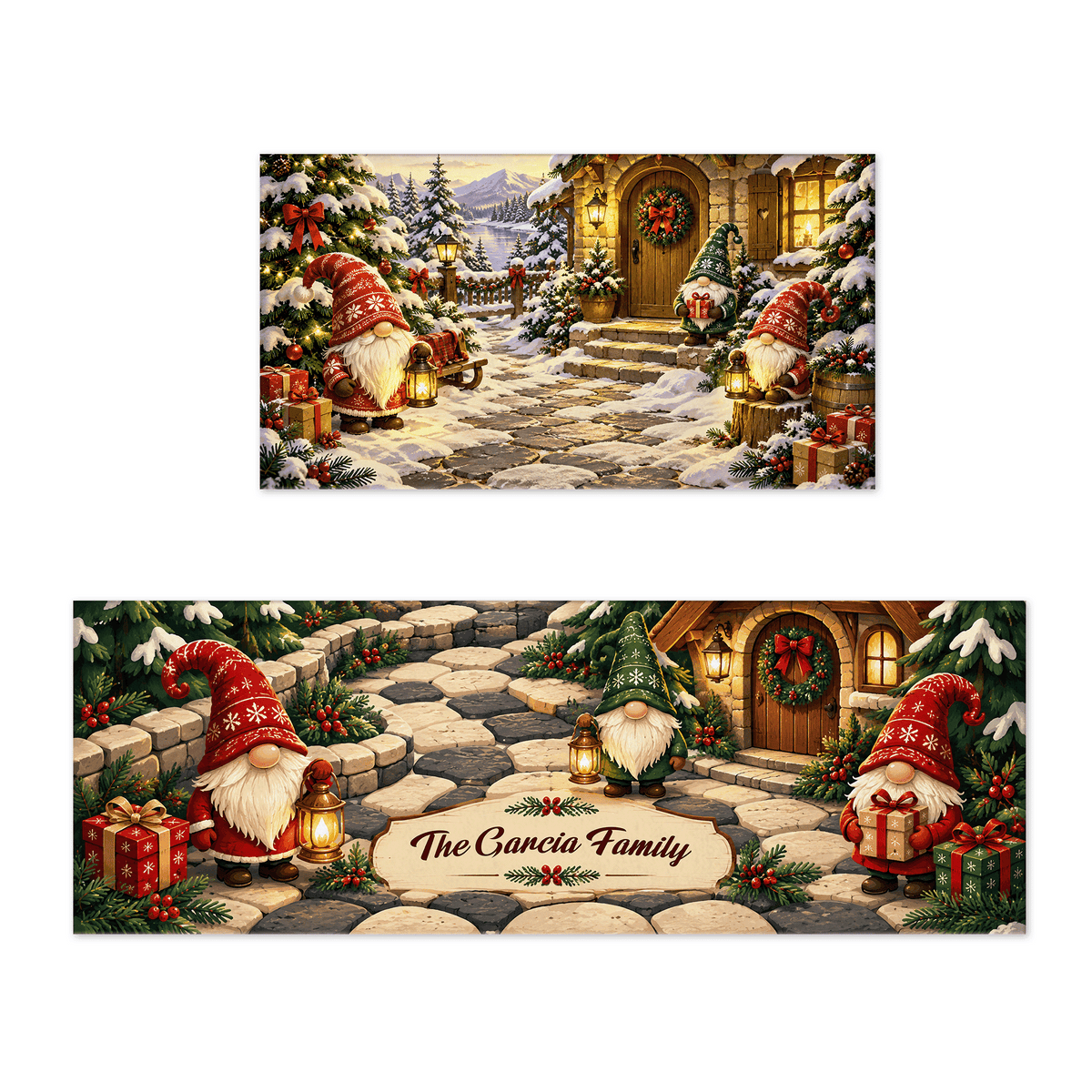 Personalized Christmas Gnome Village kitchen mat set with custom family name