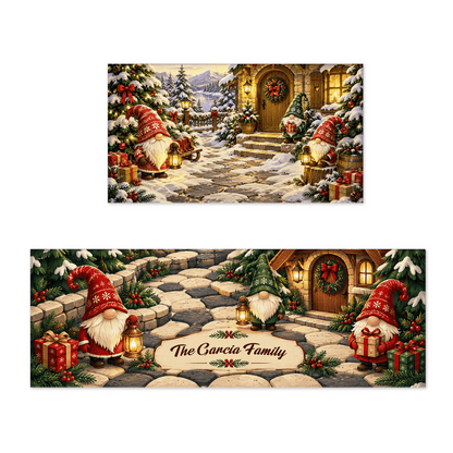 Personalized Christmas Gnome Village kitchen mat set with custom family name