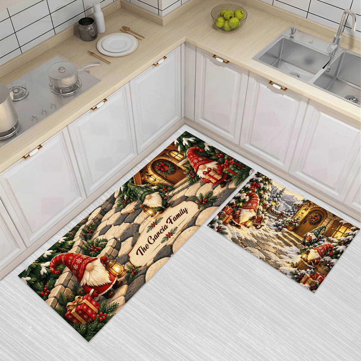 Personalized Christmas Gnome Village kitchen mat set, view 2