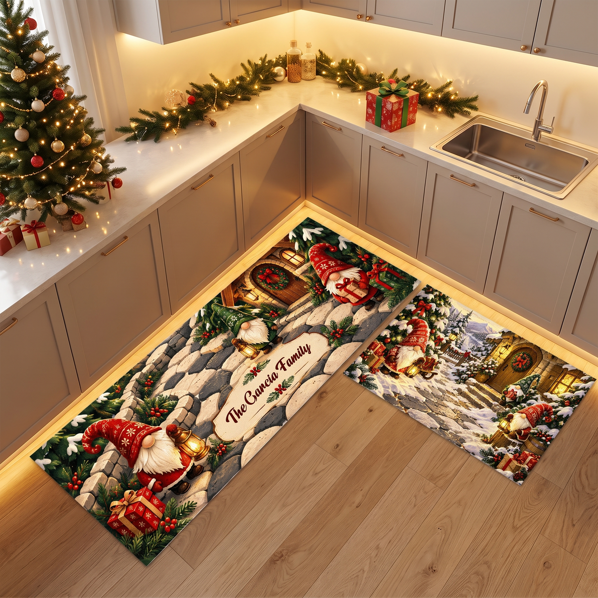 Personalized Christmas Gnome Village kitchen mat set, view 3