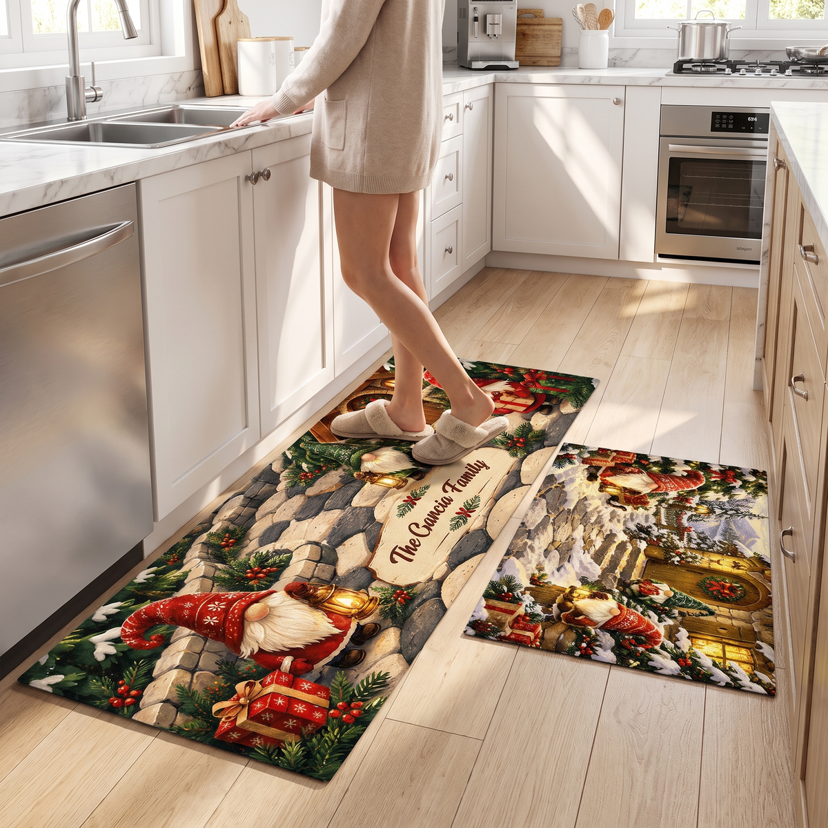 Personalized Christmas Gnome Village kitchen mat set, view 4