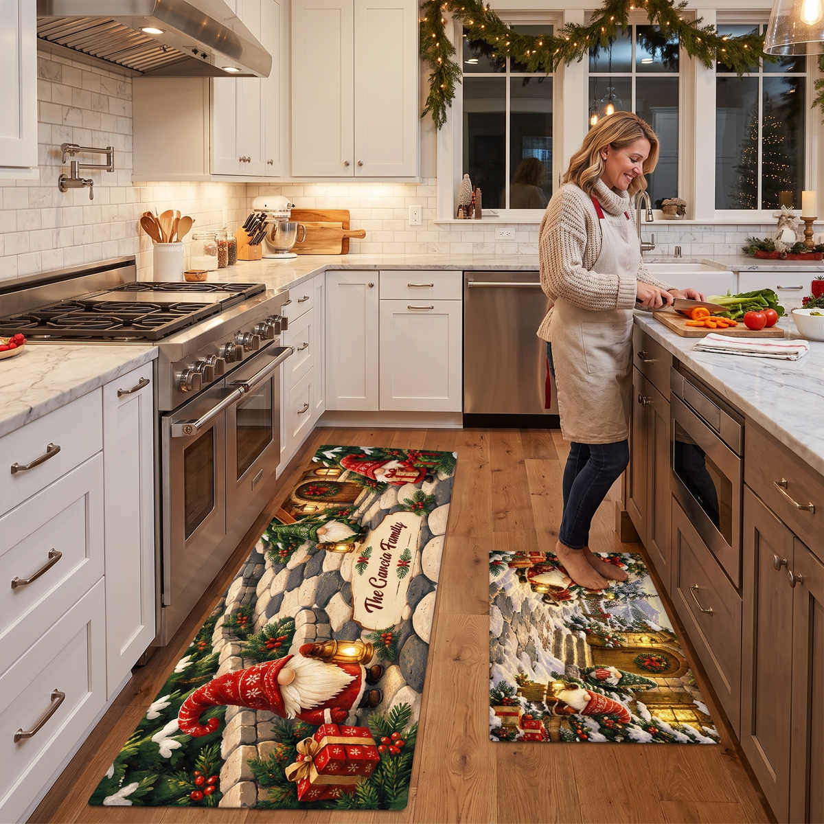 Personalized Christmas Gnome Village kitchen mat set, view 5