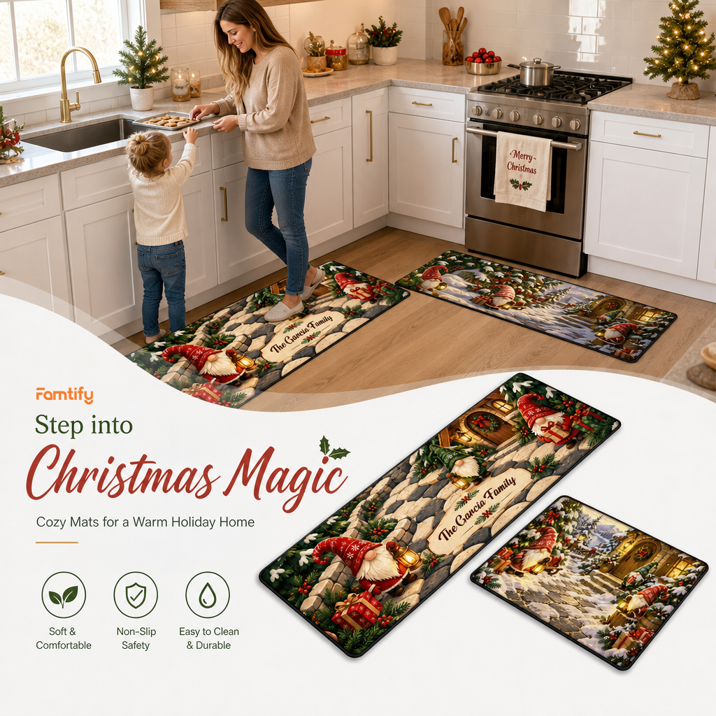 Personalized Christmas Gnome Village kitchen mat set, view 7
