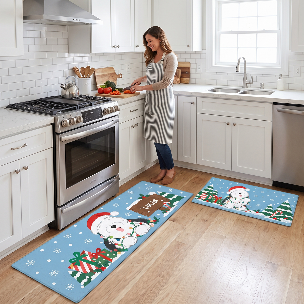 Personalized Fluffy Dog Christmas Lights kitchen mat set in a cozy holiday kitchen