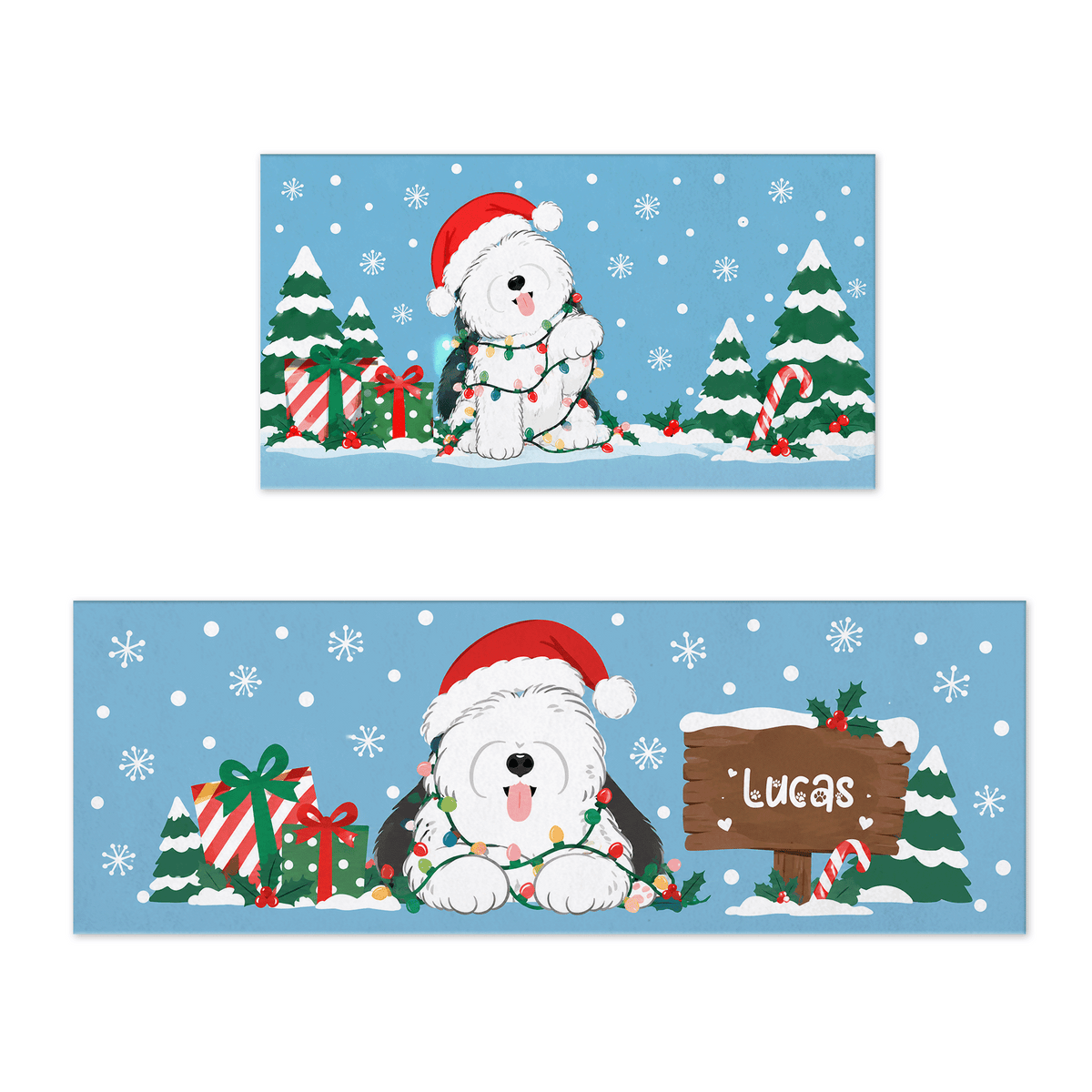 Personalized Fluffy Dog Christmas Lights kitchen mat set with custom name