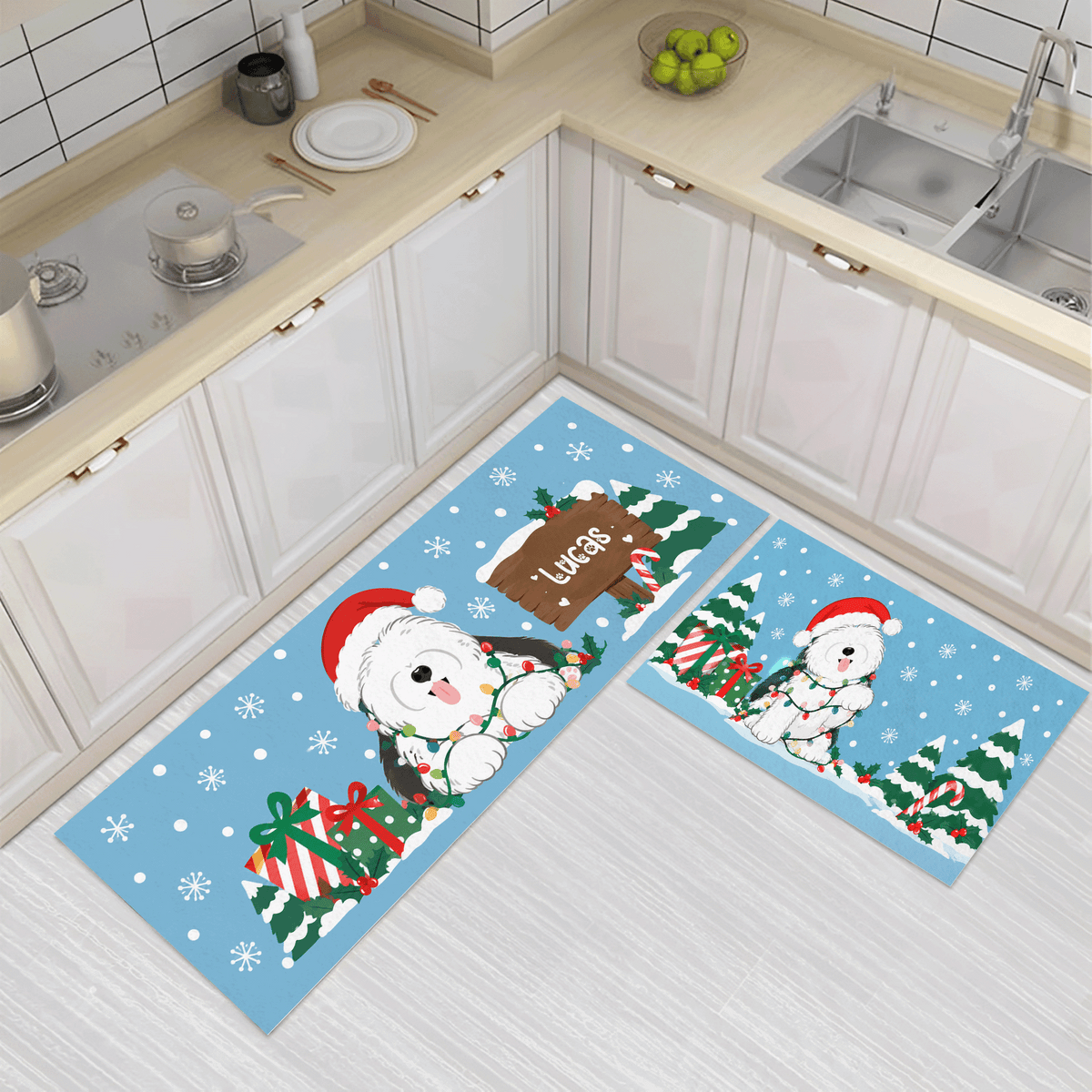 Personalized Fluffy Dog Christmas Lights kitchen mat set, view 3