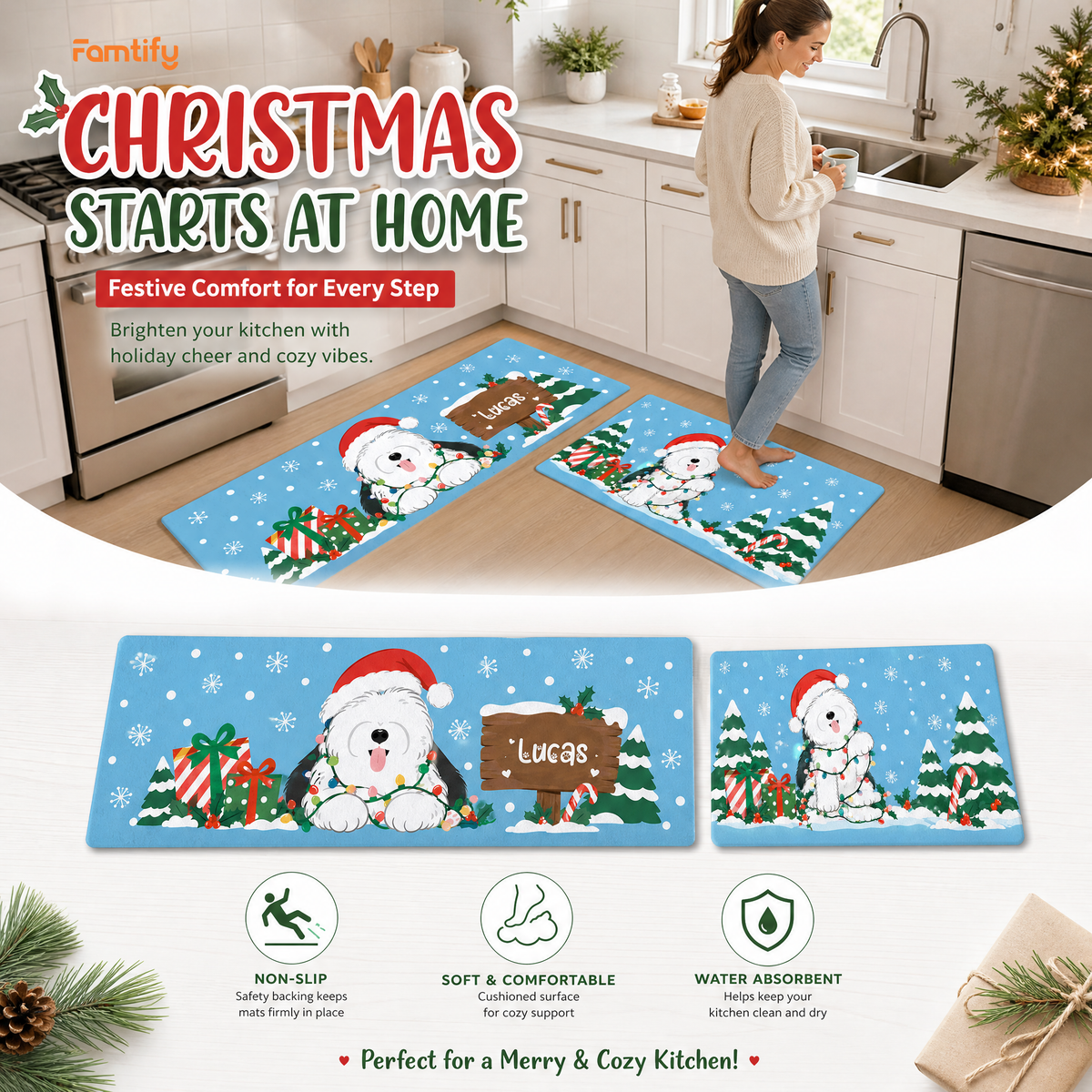 Personalized Fluffy Dog Christmas Lights kitchen mat set, view 5