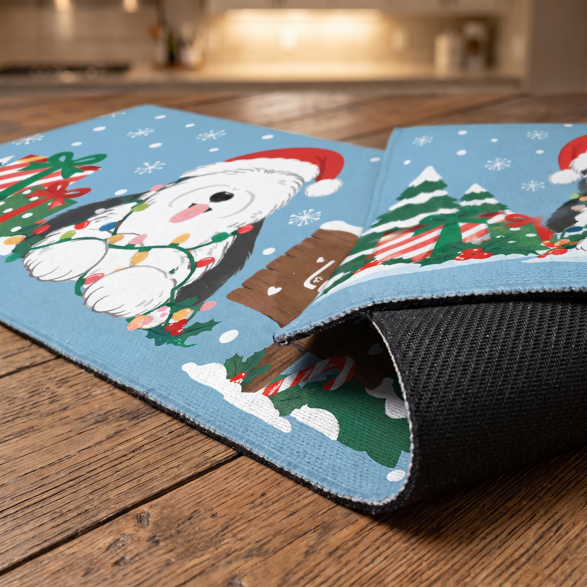 Personalized Fluffy Dog Christmas Lights kitchen mat set, view 6