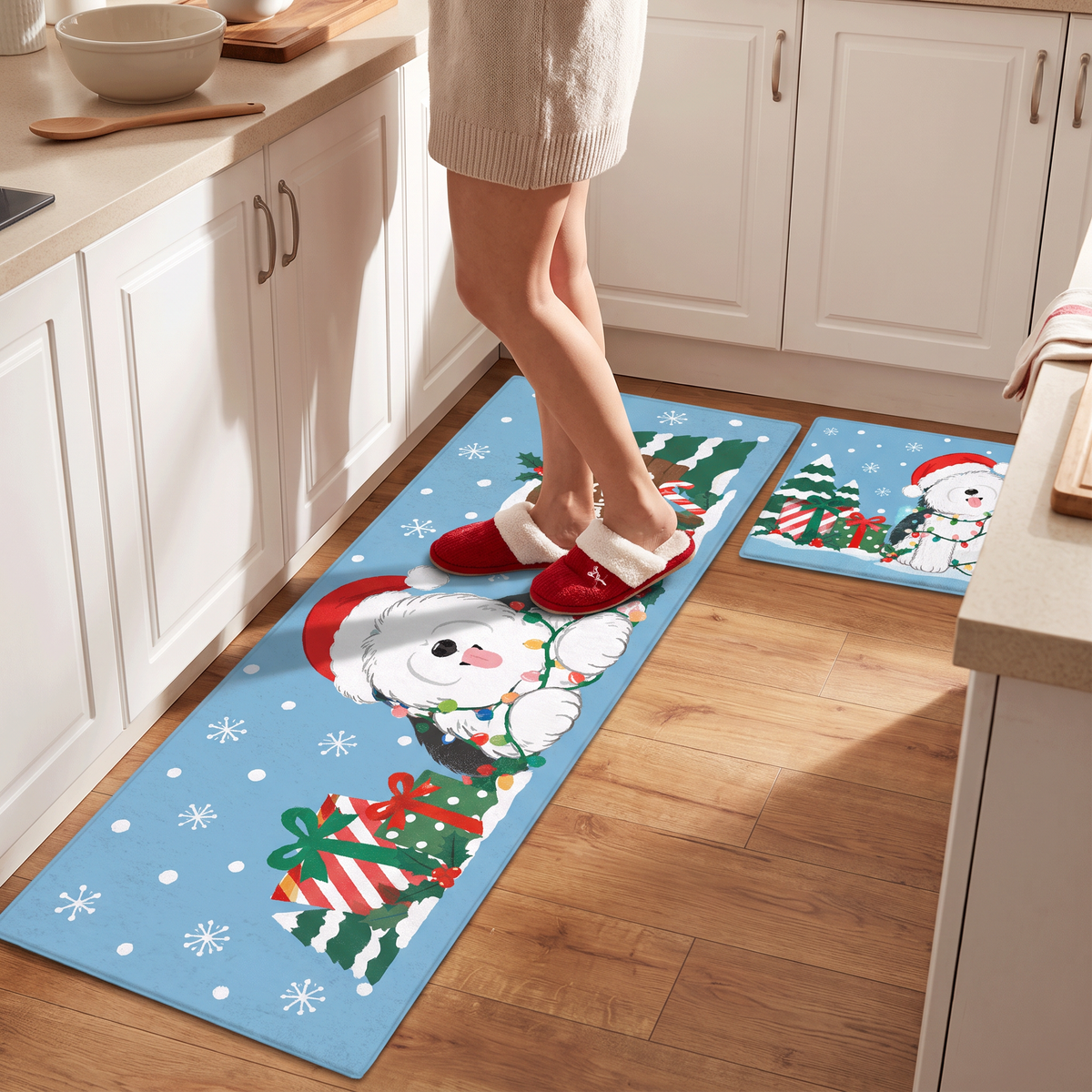 Personalized Fluffy Dog Christmas Lights kitchen mat set, view 7