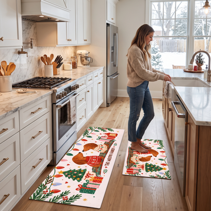 Personalized Dachshund Sweater Couple Christmas kitchen mat set in a cozy holiday kitchen
