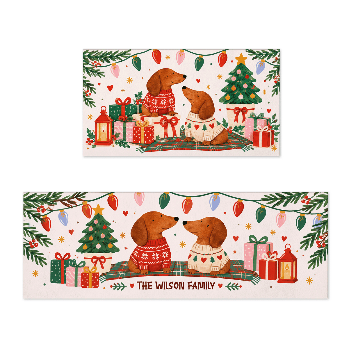 Personalized Dachshund Sweater Couple Christmas kitchen mat set with custom family name