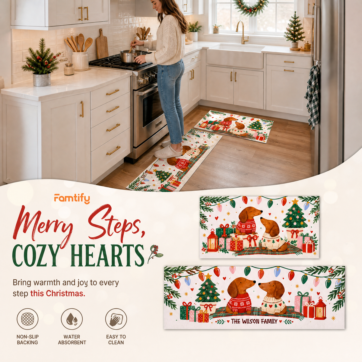 Personalized Dachshund Sweater Couple Christmas kitchen mat set, view 4