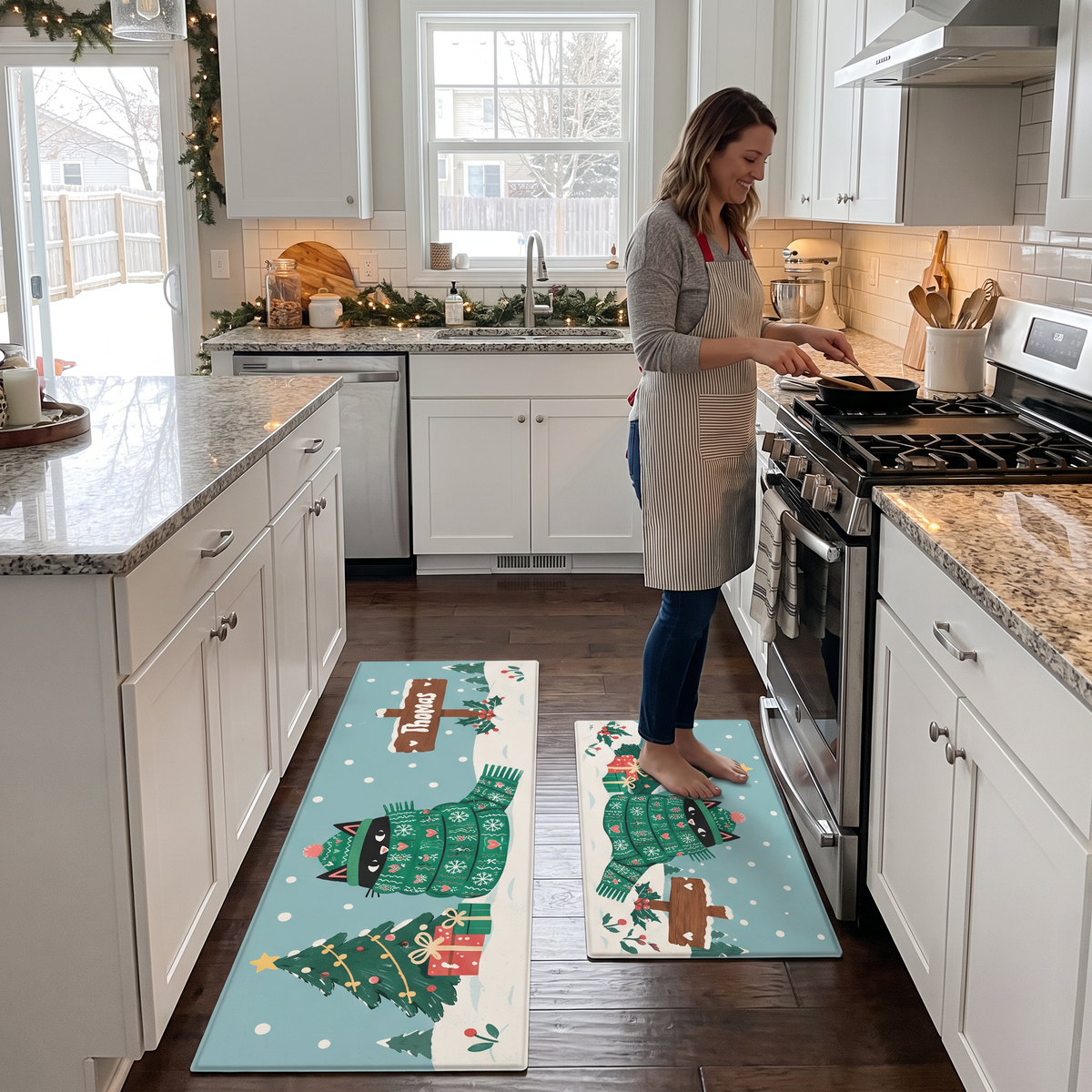Personalized Cozy Scarf Cat Signpost Christmas kitchen mat set in a cozy holiday kitchen