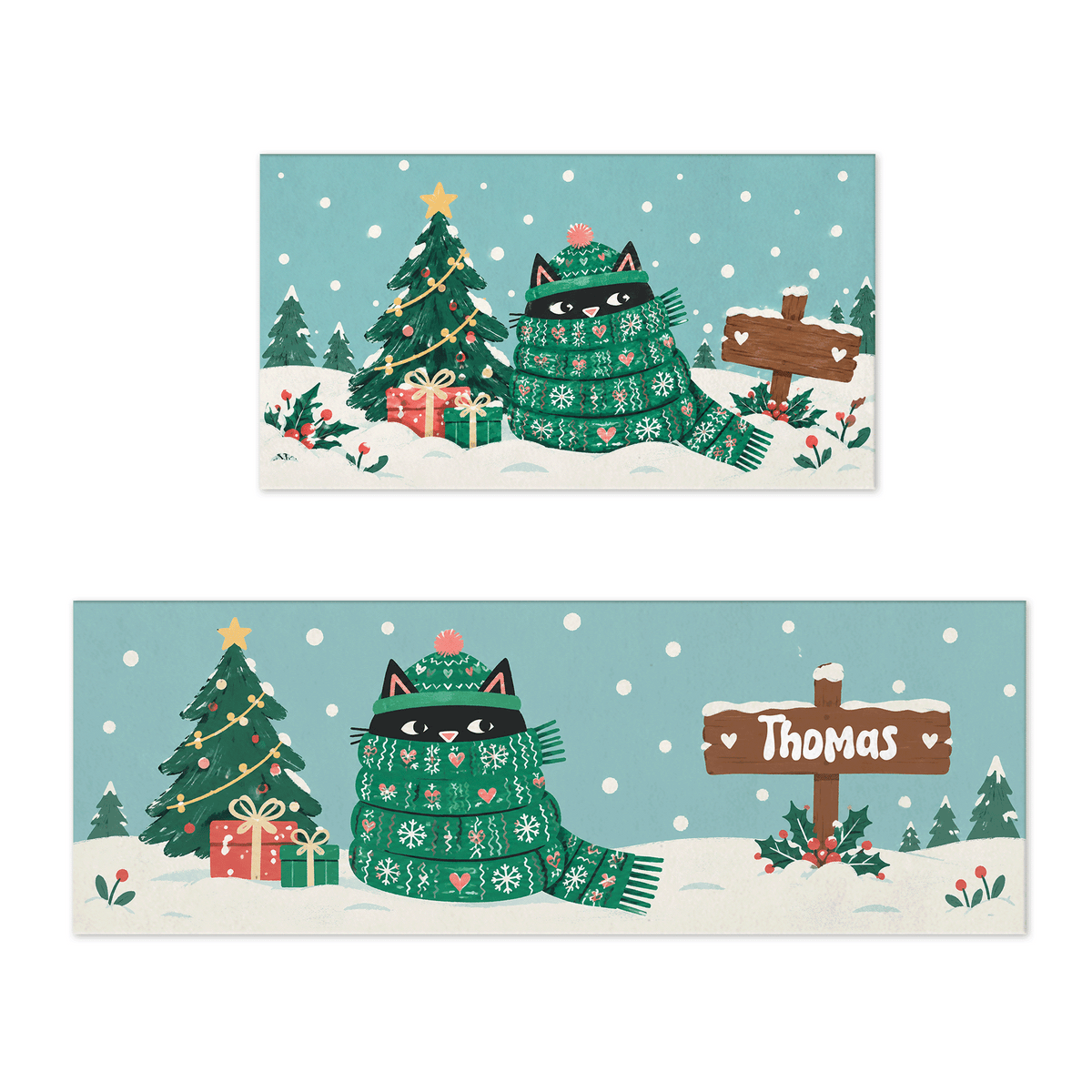 Personalized Cozy Scarf Cat Signpost Christmas kitchen mat set with custom name