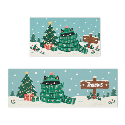 Personalized Cozy Scarf Cat Signpost Christmas kitchen mat set with custom name
