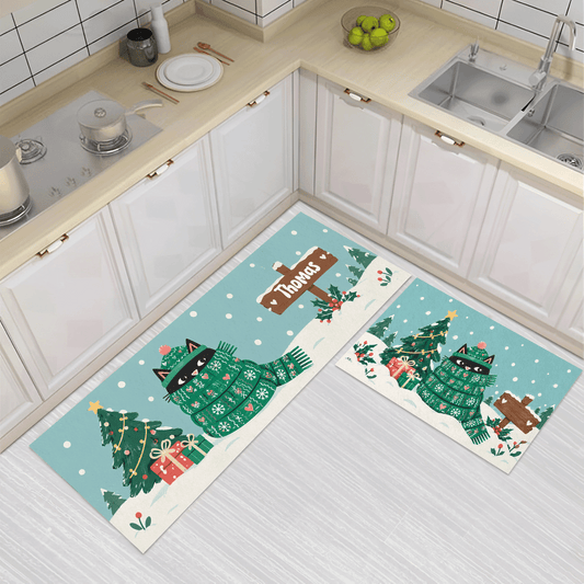 Personalized Cozy Scarf Cat Signpost Christmas kitchen mat set, view 3