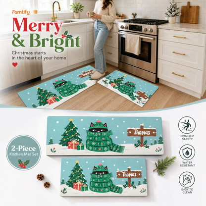 Personalized Cozy Scarf Cat Signpost Christmas kitchen mat set, view 4