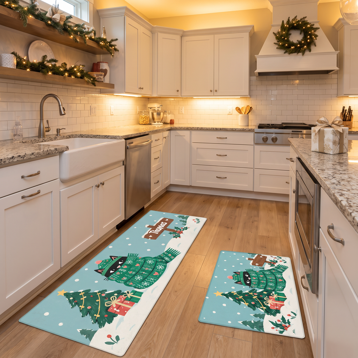 Personalized Cozy Scarf Cat Signpost Christmas kitchen mat set, view 5