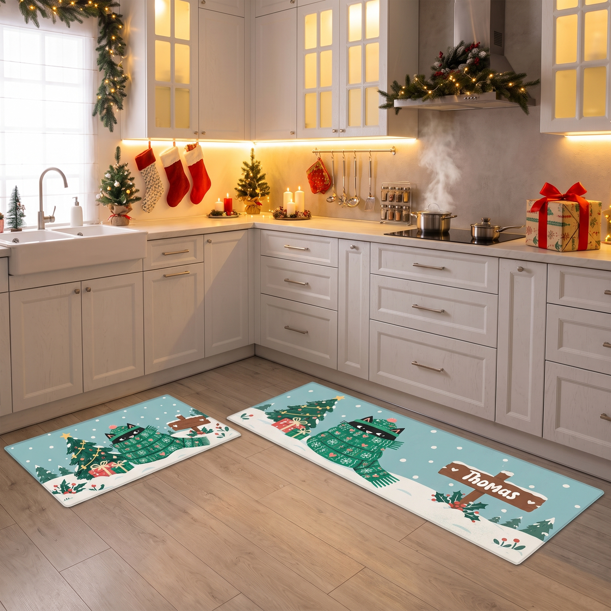 Personalized Cozy Scarf Cat Signpost Christmas kitchen mat set, view 8