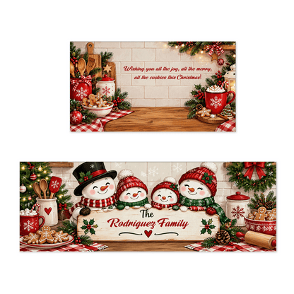Personalized Snowman Family Cookies Christmas kitchen mat set with custom family name