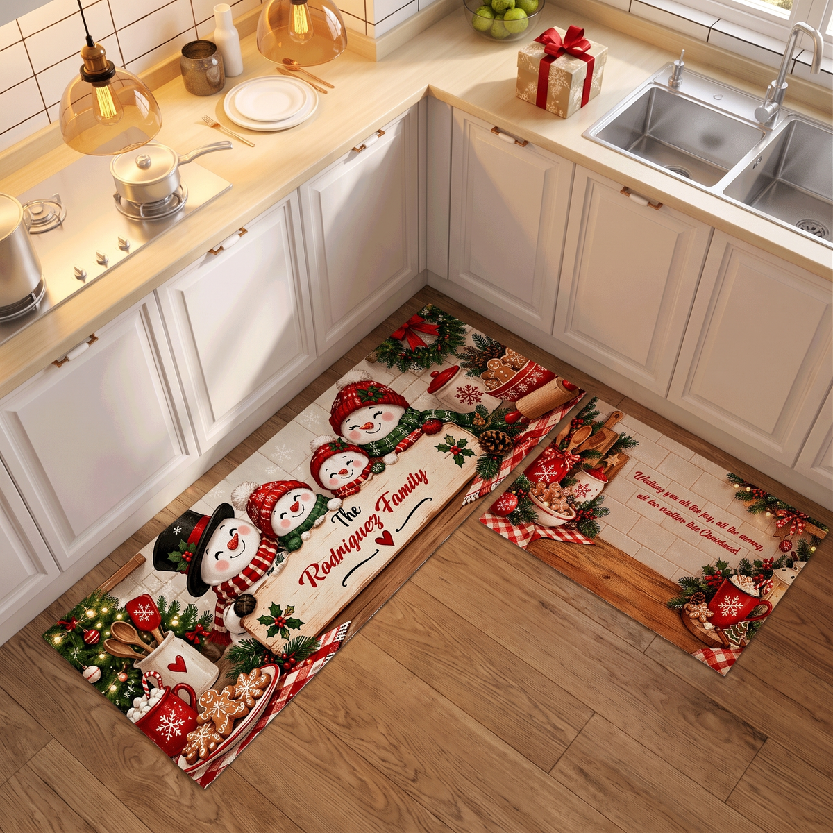Personalized Snowman Family Cookies Christmas kitchen mat set, view 3