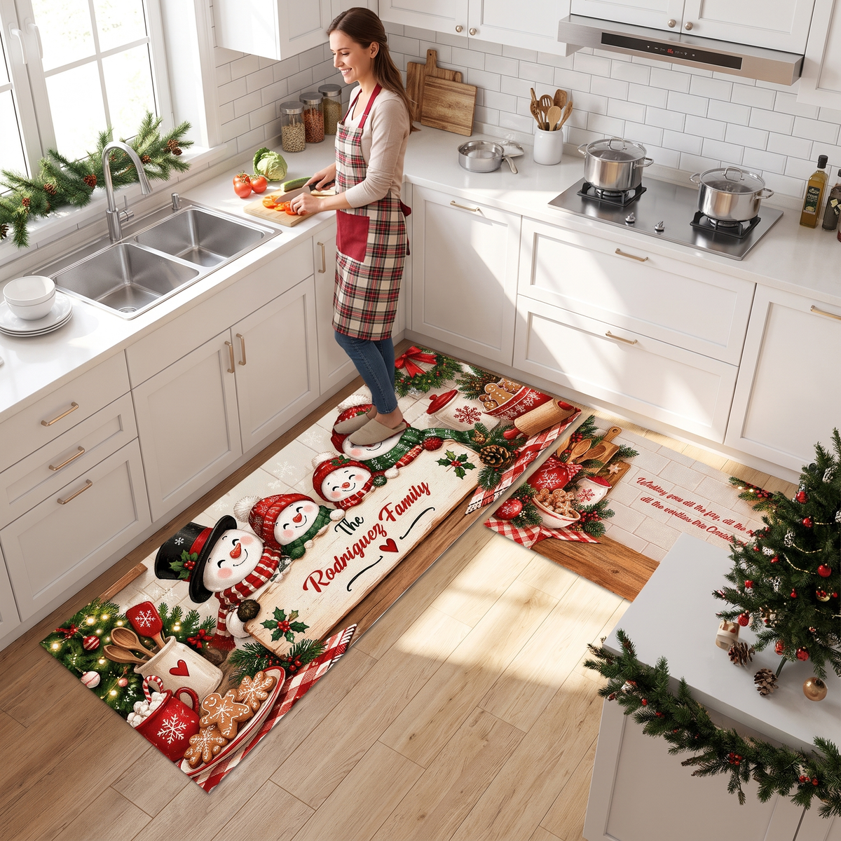 Personalized Snowman Family Cookies Christmas kitchen mat set, view 5