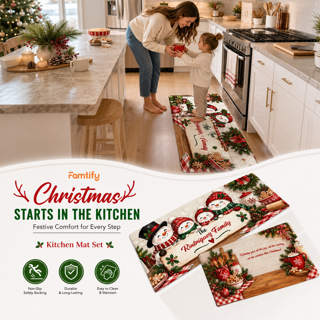 Personalized Snowman Family Cookies Christmas kitchen mat set, view 7