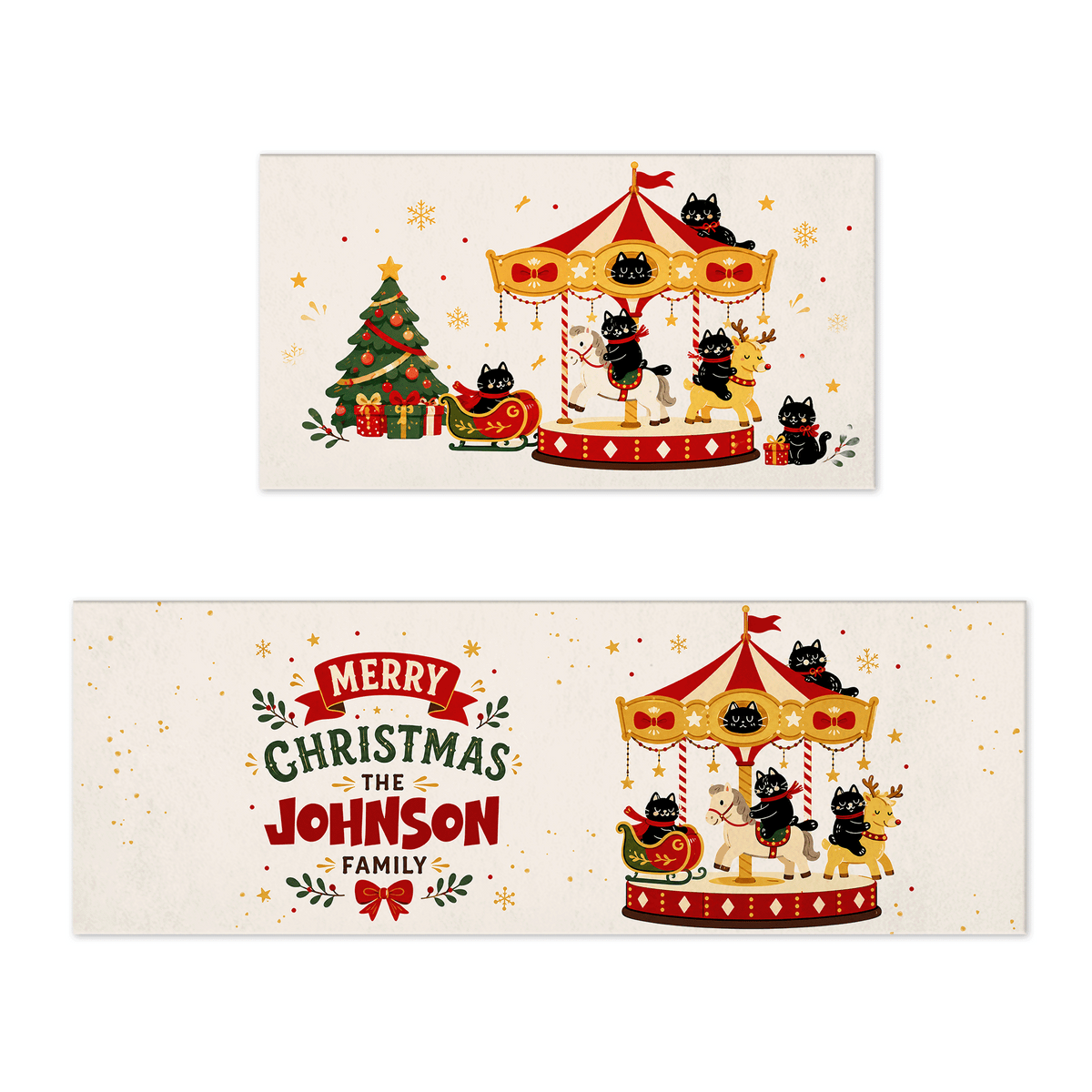 Personalized Black Cat Christmas Carousel kitchen mat set with custom family name