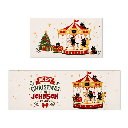 Personalized Black Cat Christmas Carousel kitchen mat set with custom family name