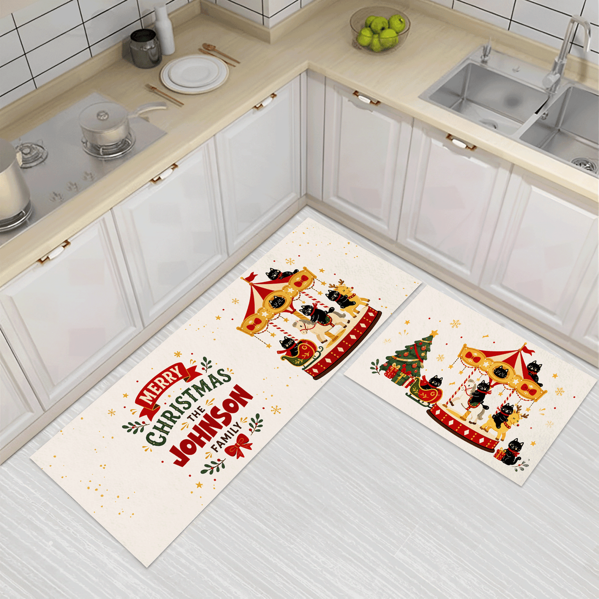Personalized Black Cat Christmas Carousel kitchen mat set, view 2
