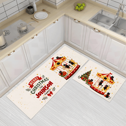 Personalized Black Cat Christmas Carousel kitchen mat set, view 2