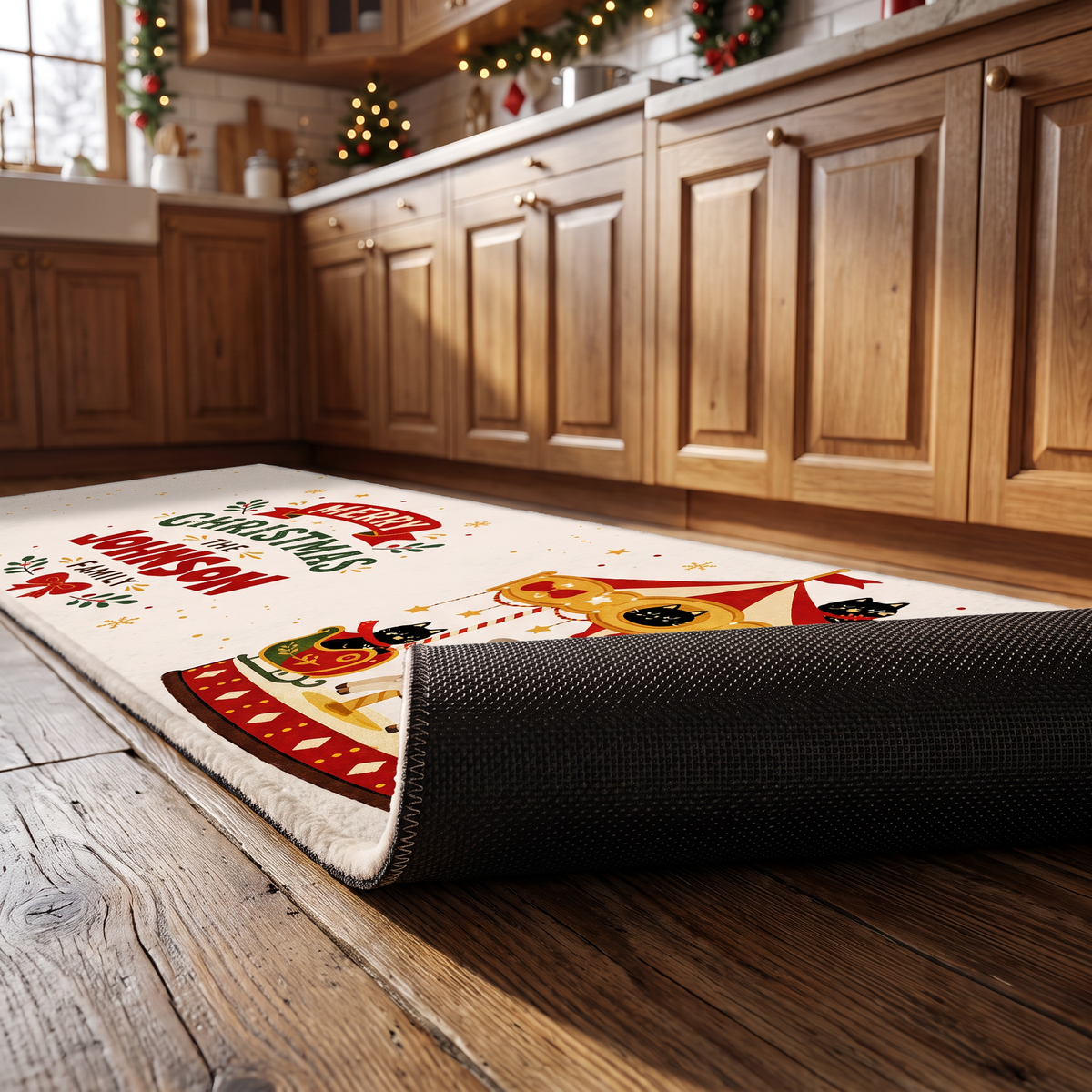 Personalized Black Cat Christmas Carousel kitchen mat set, view 3