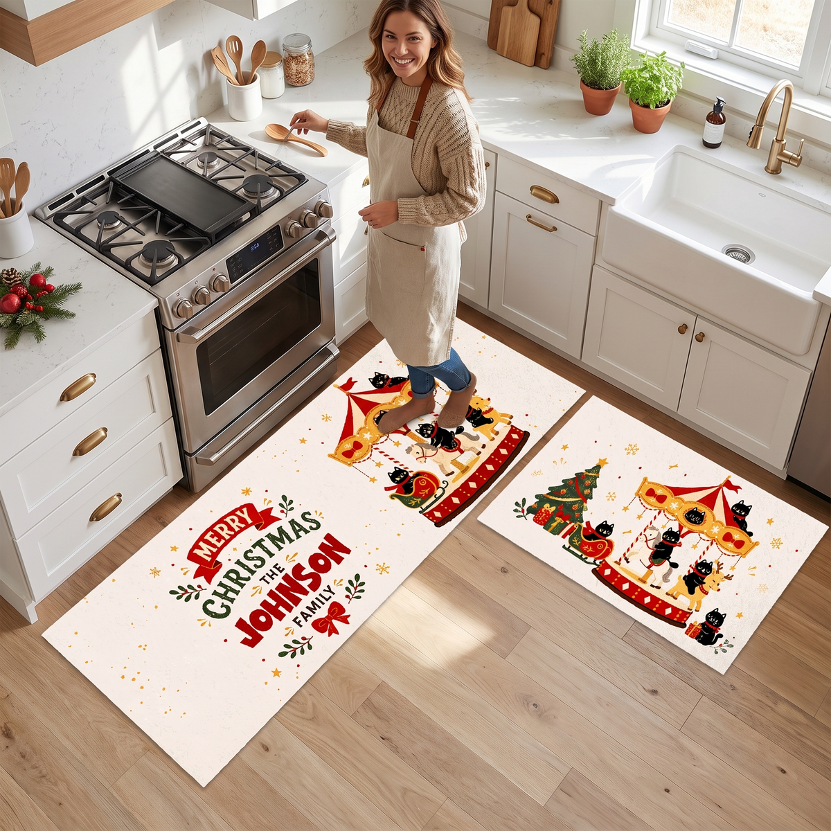 Personalized Black Cat Christmas Carousel kitchen mat set, view 6