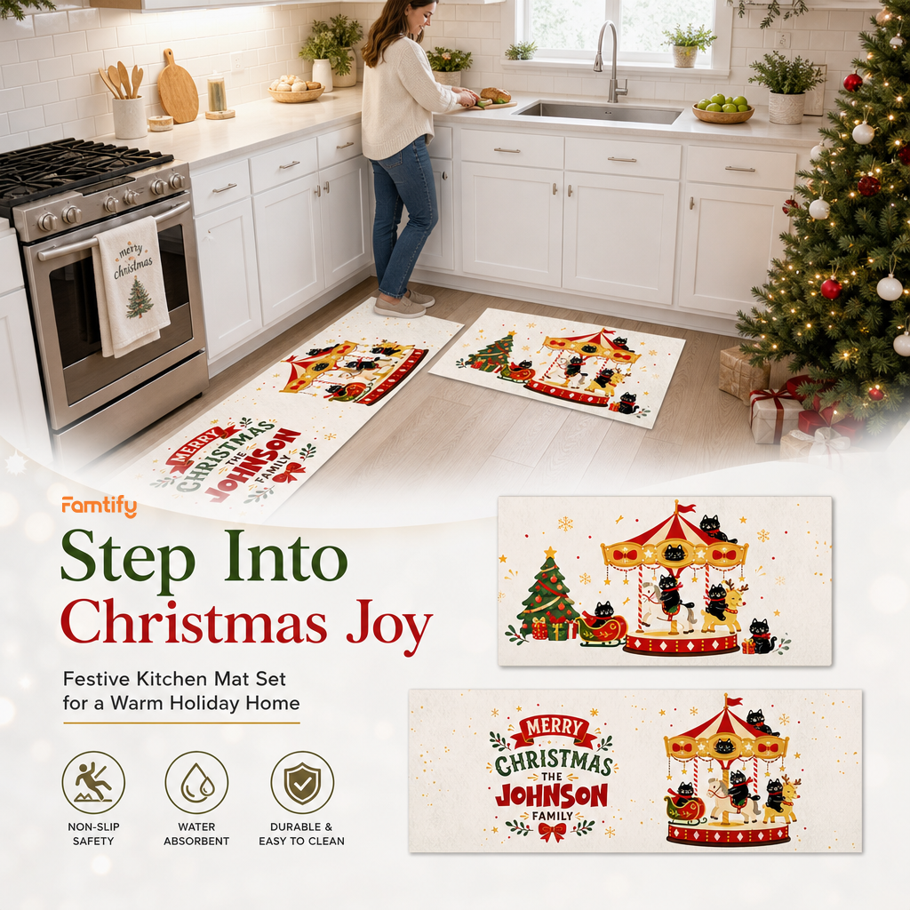 Personalized Black Cat Christmas Carousel kitchen mat set, view 7