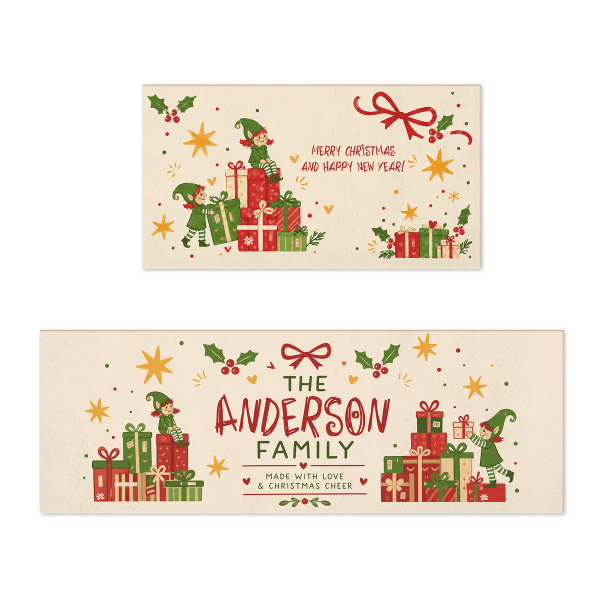 Personalized Christmas Elves Gift Stack kitchen mat set with custom family name
