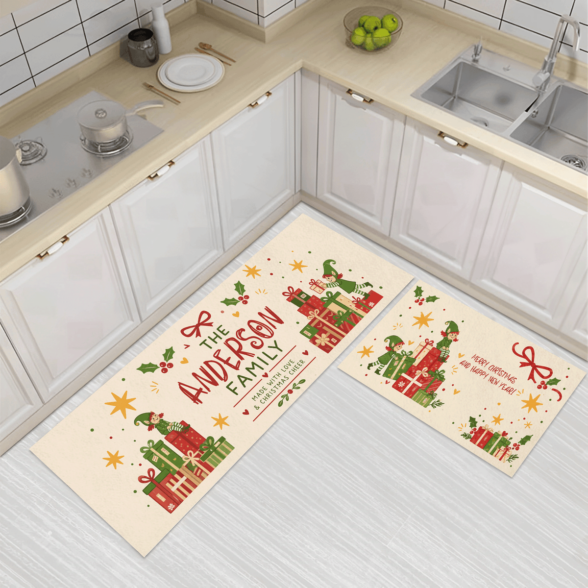 Personalized Christmas Elves Gift Stack kitchen mat set, view 2