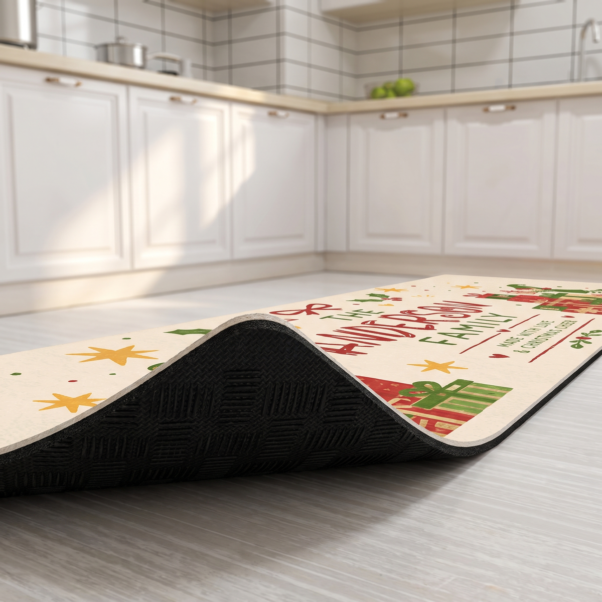 Personalized Christmas Elves Gift Stack kitchen mat set, view 4