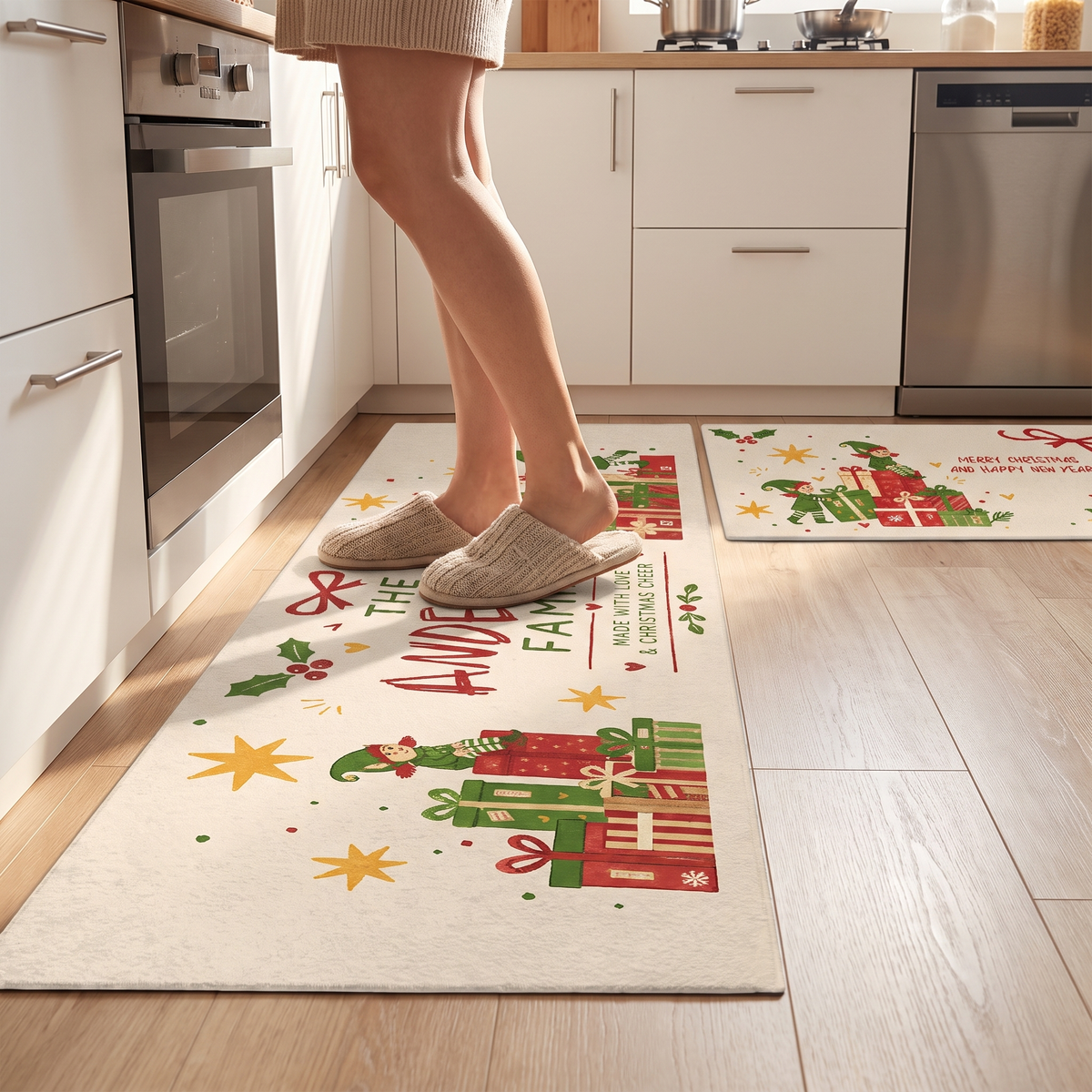 Personalized Christmas Elves Gift Stack kitchen mat set, view 5