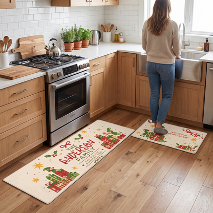 Personalized Christmas Elves Gift Stack kitchen mat set, view 6