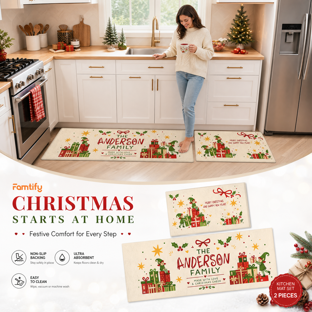 Personalized Christmas Elves Gift Stack kitchen mat set, view 7