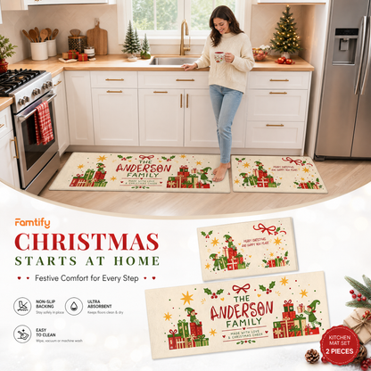 Personalized Christmas Elves Gift Stack kitchen mat set, view 7