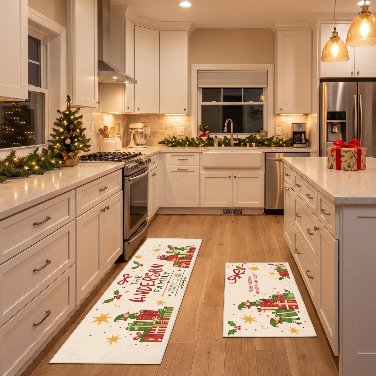 Personalized Christmas Elves Gift Stack kitchen mat set, view 8