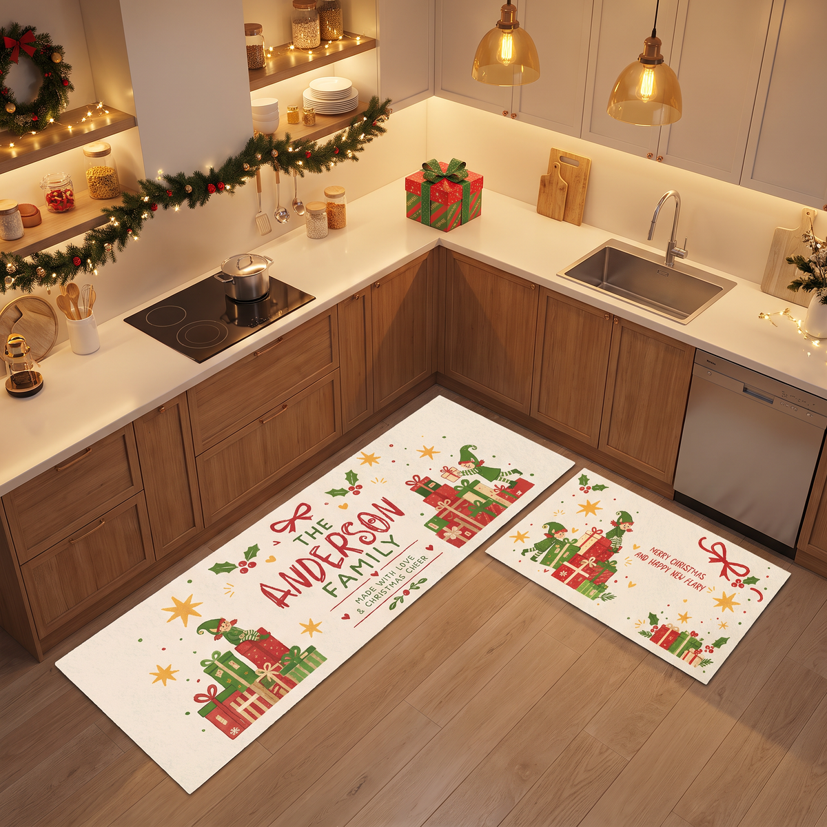 Personalized Christmas Elves Gift Stack kitchen mat set, view 9