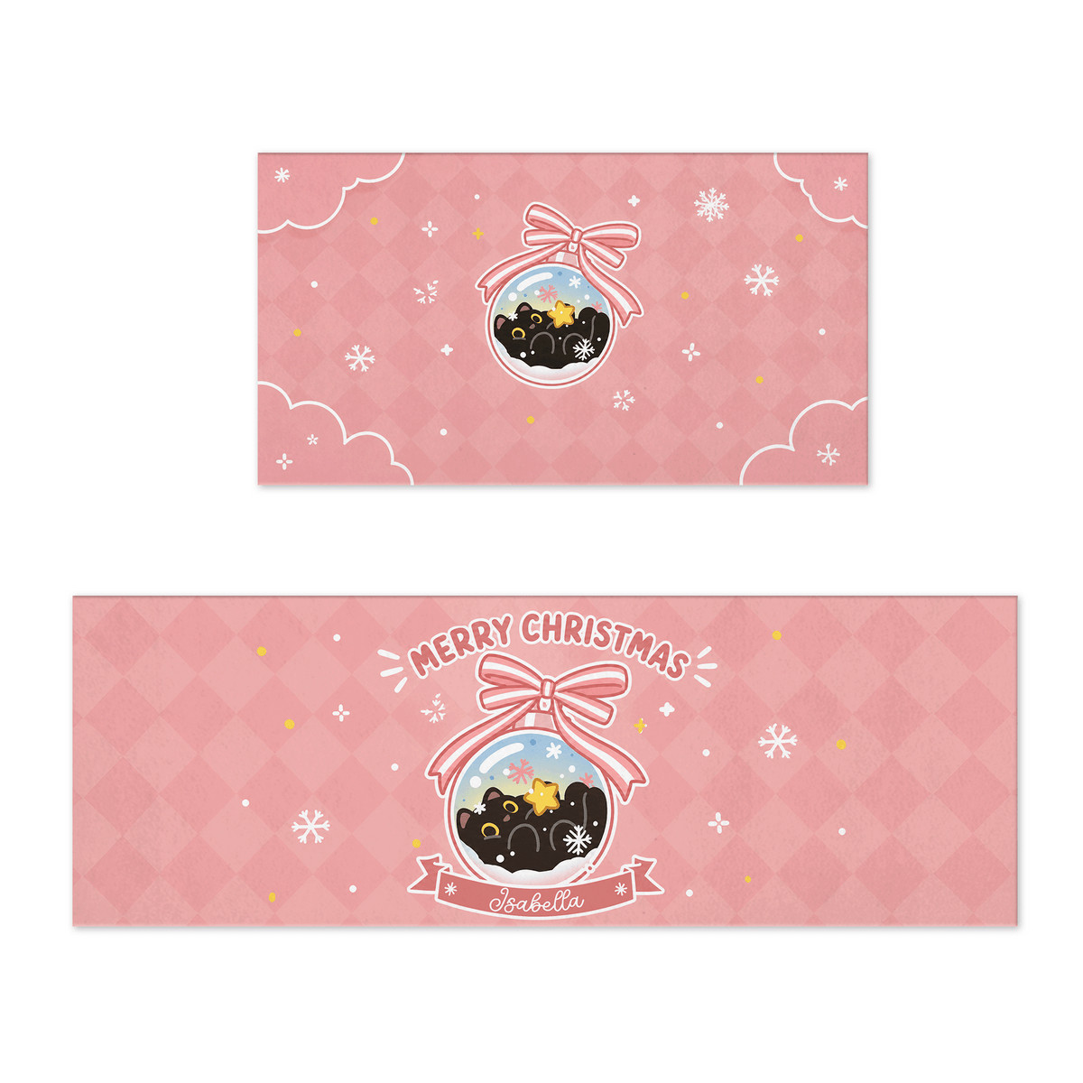 Personalized Black Kitten Christmas Ornament kitchen mat set with custom name