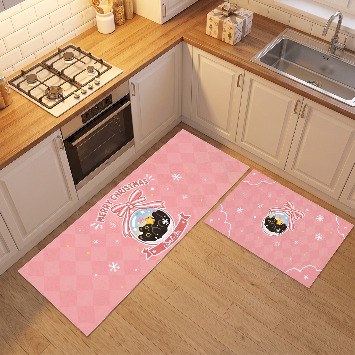 Personalized Black Kitten Christmas Ornament kitchen mat set, view 3