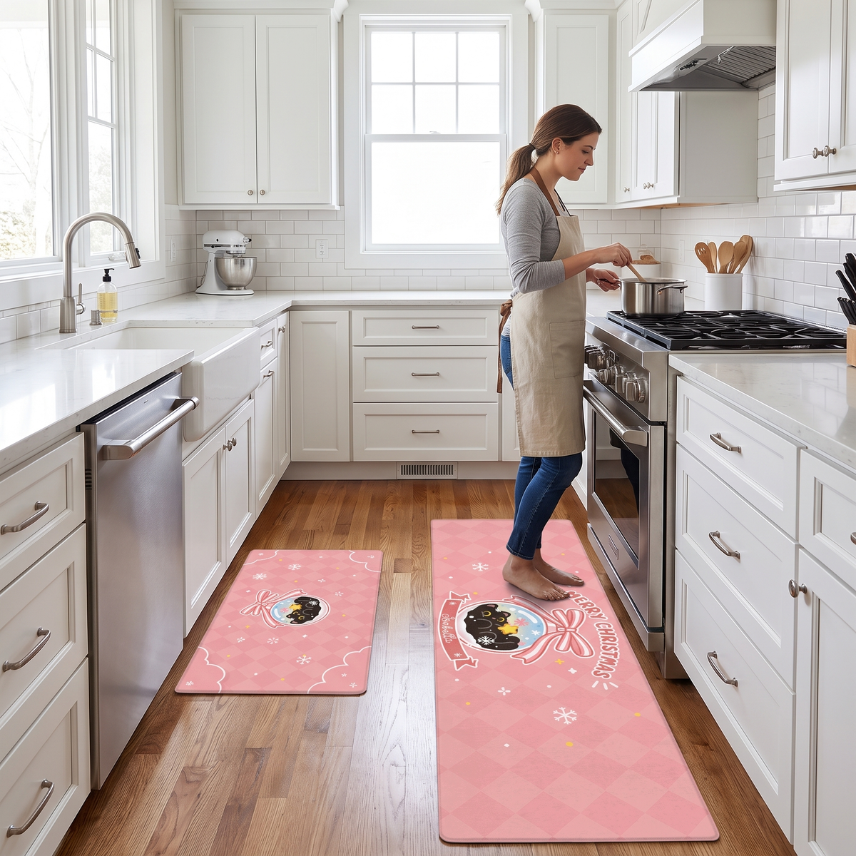 Personalized Black Kitten Christmas Ornament kitchen mat set, view 6