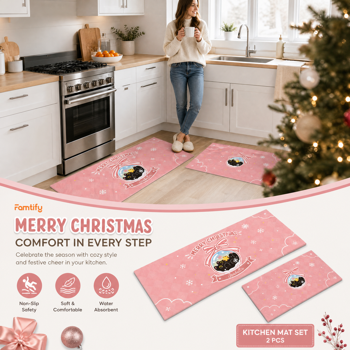 Personalized Black Kitten Christmas Ornament kitchen mat set, view 7
