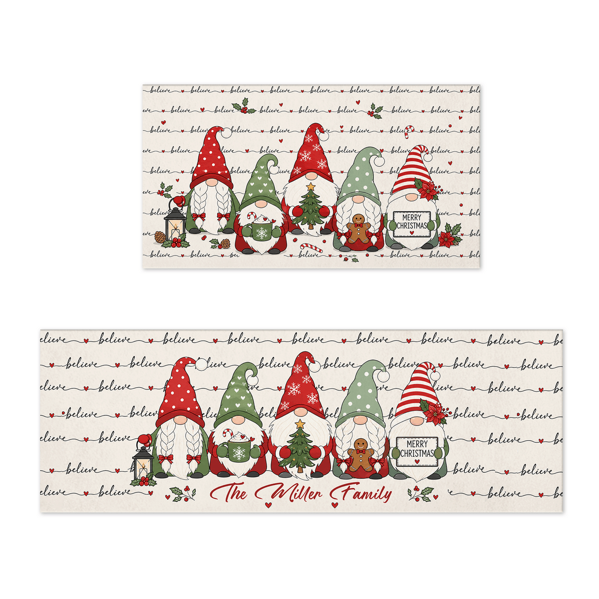 Personalized Believe Christmas Gnomes kitchen mat set with custom family name