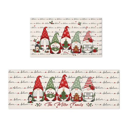 Personalized Believe Christmas Gnomes kitchen mat set with custom family name