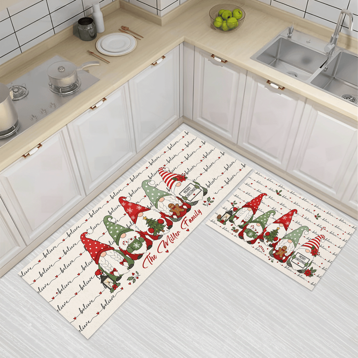 Personalized Believe Christmas Gnomes kitchen mat set, view 2